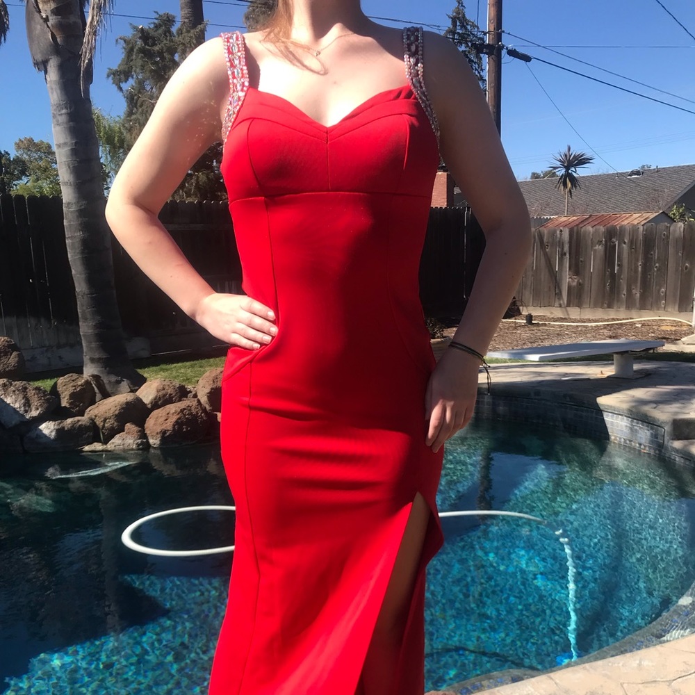Red floor length prom dress